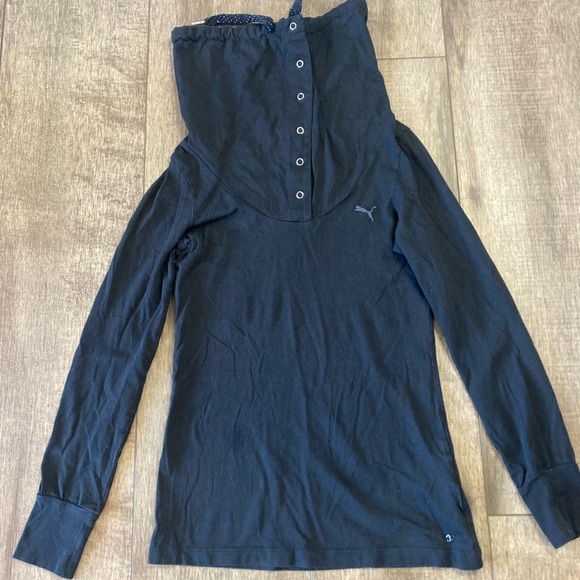 Puma women’s XS black long sleeve hooded tee shirt with snaps - Picture 1 of 5